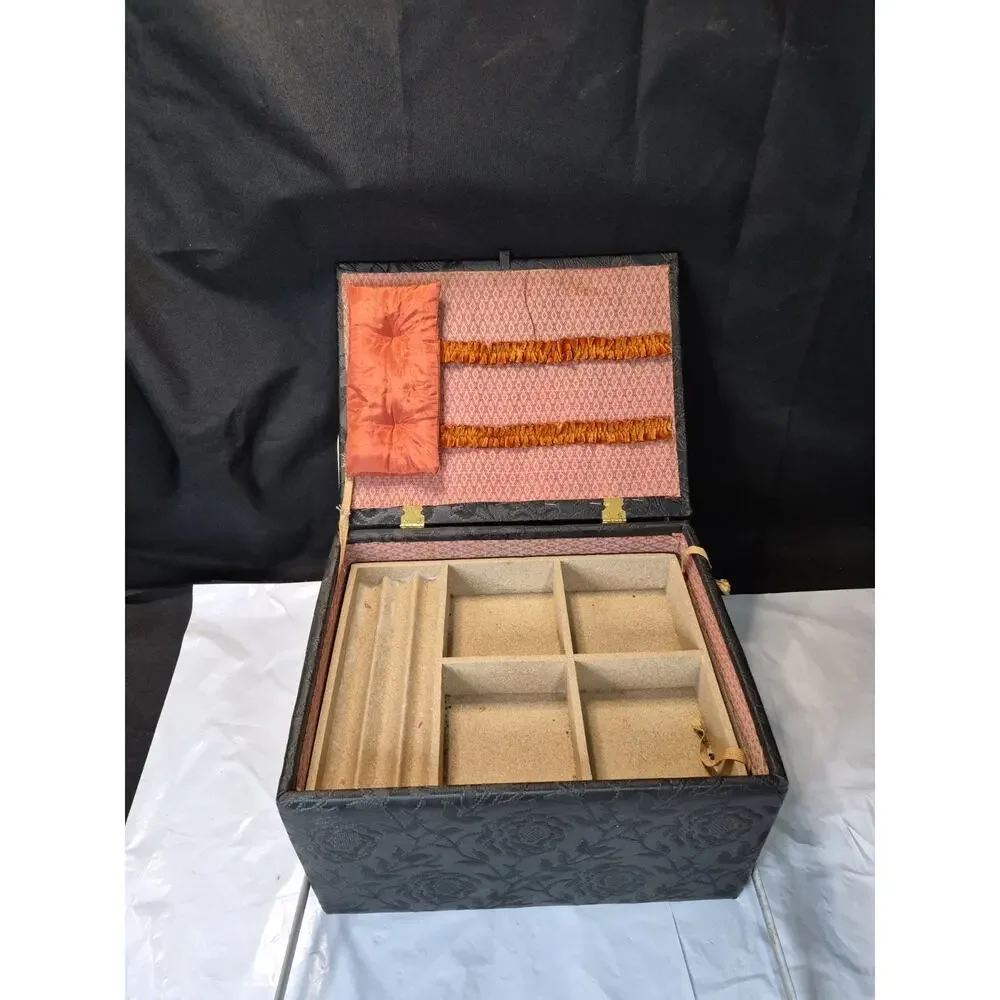 Black Flower Print Sewing Box Storage With Removable Top Tray & Pin Cushion
